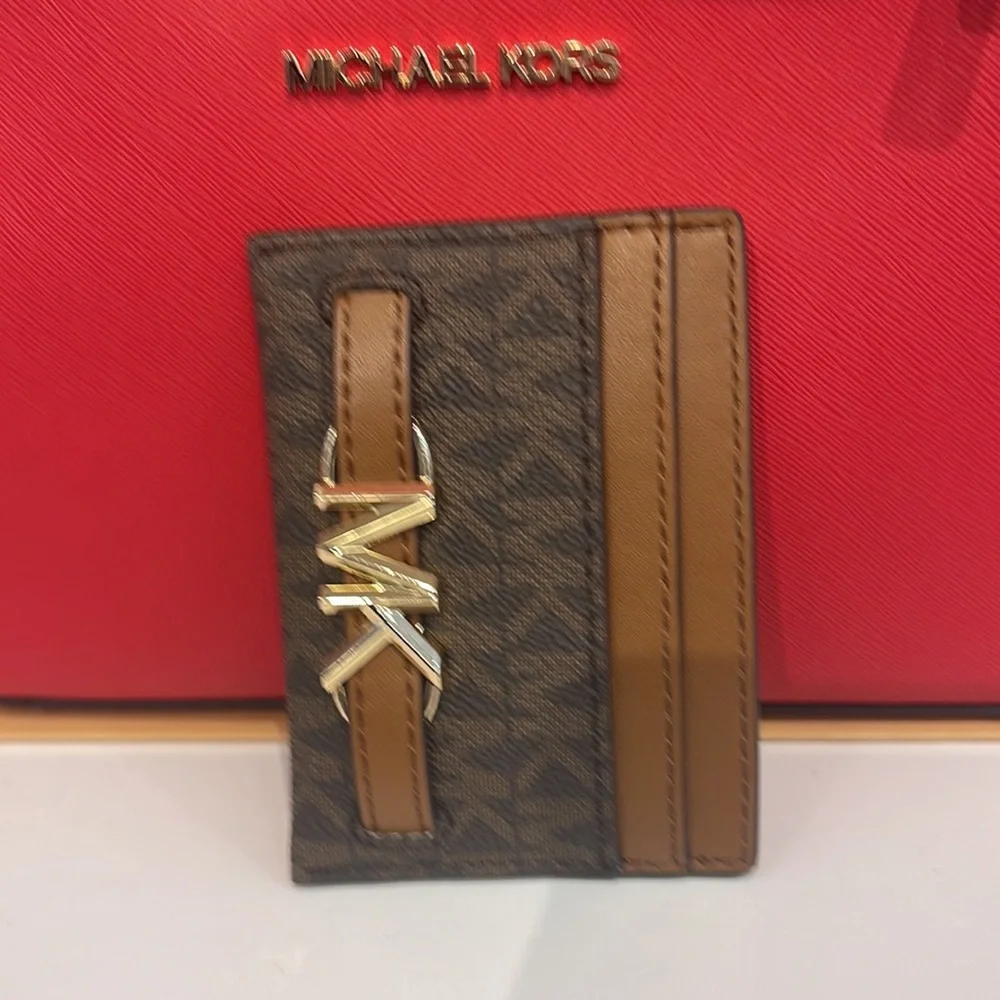 MICHAEL KORS Reed Large Pebbled Leather Card Holder Case Wallet  BROWN MK NWT